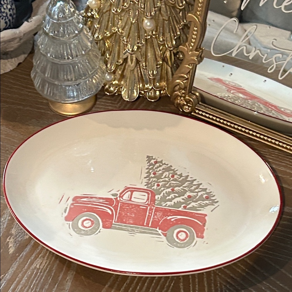 NEW! Ceramic Vintage Red Farm Truck & Christmas Tree Serving Platter Tray